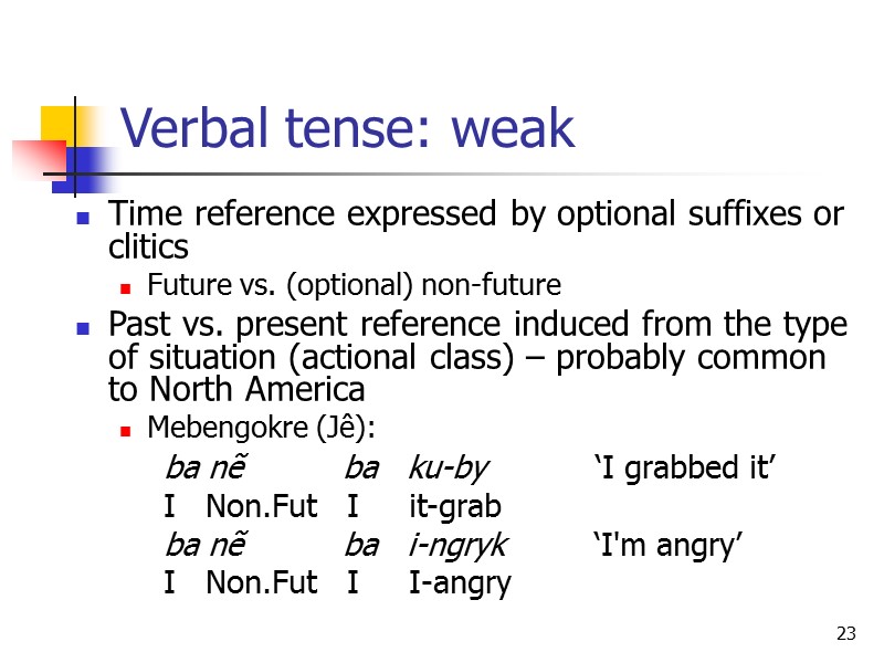 23 Verbal tense: weak Time reference expressed by optional suffixes or clitics Future vs.